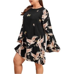 Shein Clasi Plus Black Crane Print Flounce Sleeve Shift Dress Women’s Size 2XL